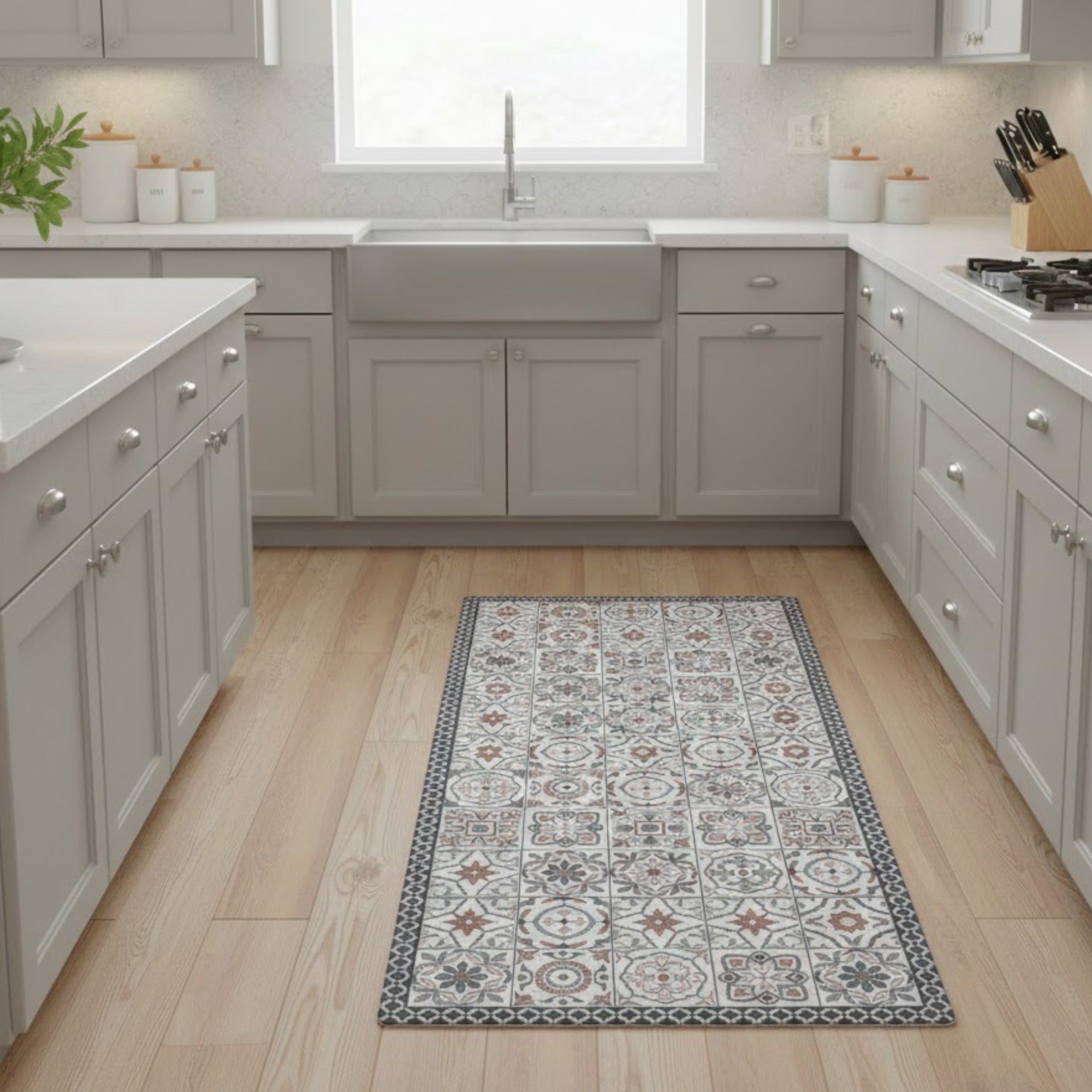 Alfombra de cocina que aporta confort, protección y estilo. Su diseño tipo mosaico y material resistente la hacen ideal para zonas de uso frecuente, brindando comodidad al estar de pie y fácil mantenimiento diario.