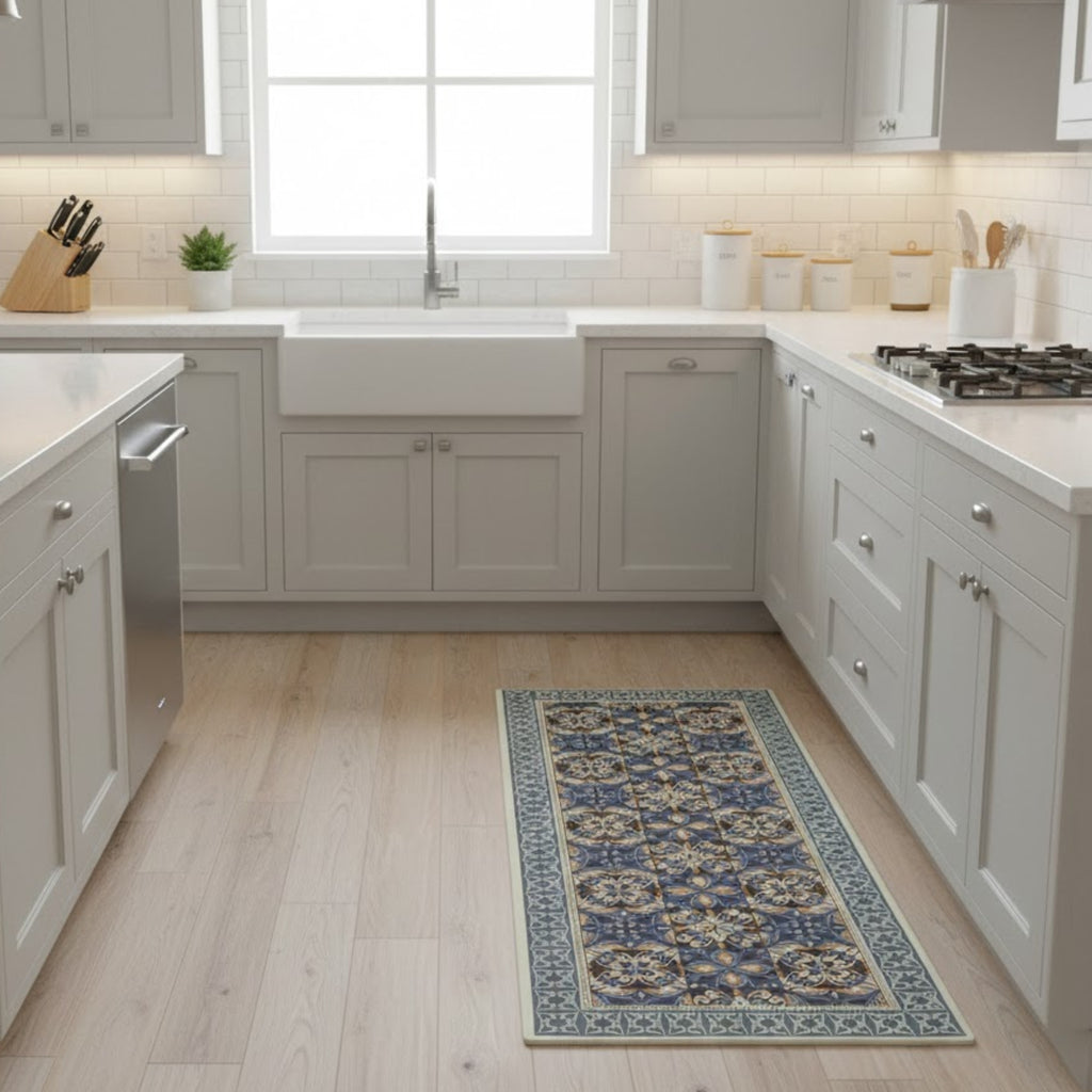 Alfombra de cocina que aporta confort, protección y estilo. Su diseño tipo mosaico y material resistente la hacen ideal para zonas de uso frecuente, brindando comodidad al estar de pie y fácil mantenimiento diario.