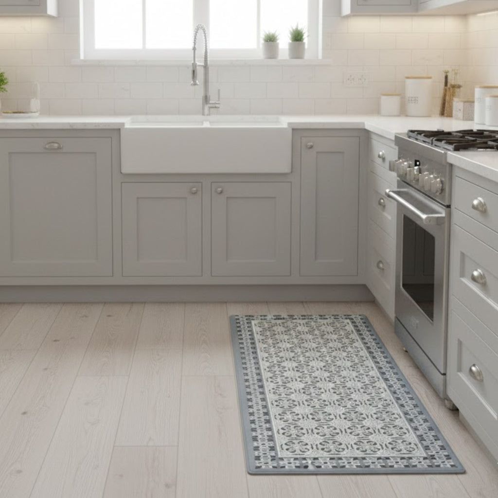 Alfombra de cocina que aporta confort, protección y estilo. Su diseño tipo mosaico y material resistente la hacen ideal para zonas de uso frecuente, brindando comodidad al estar de pie y fácil mantenimiento diario.