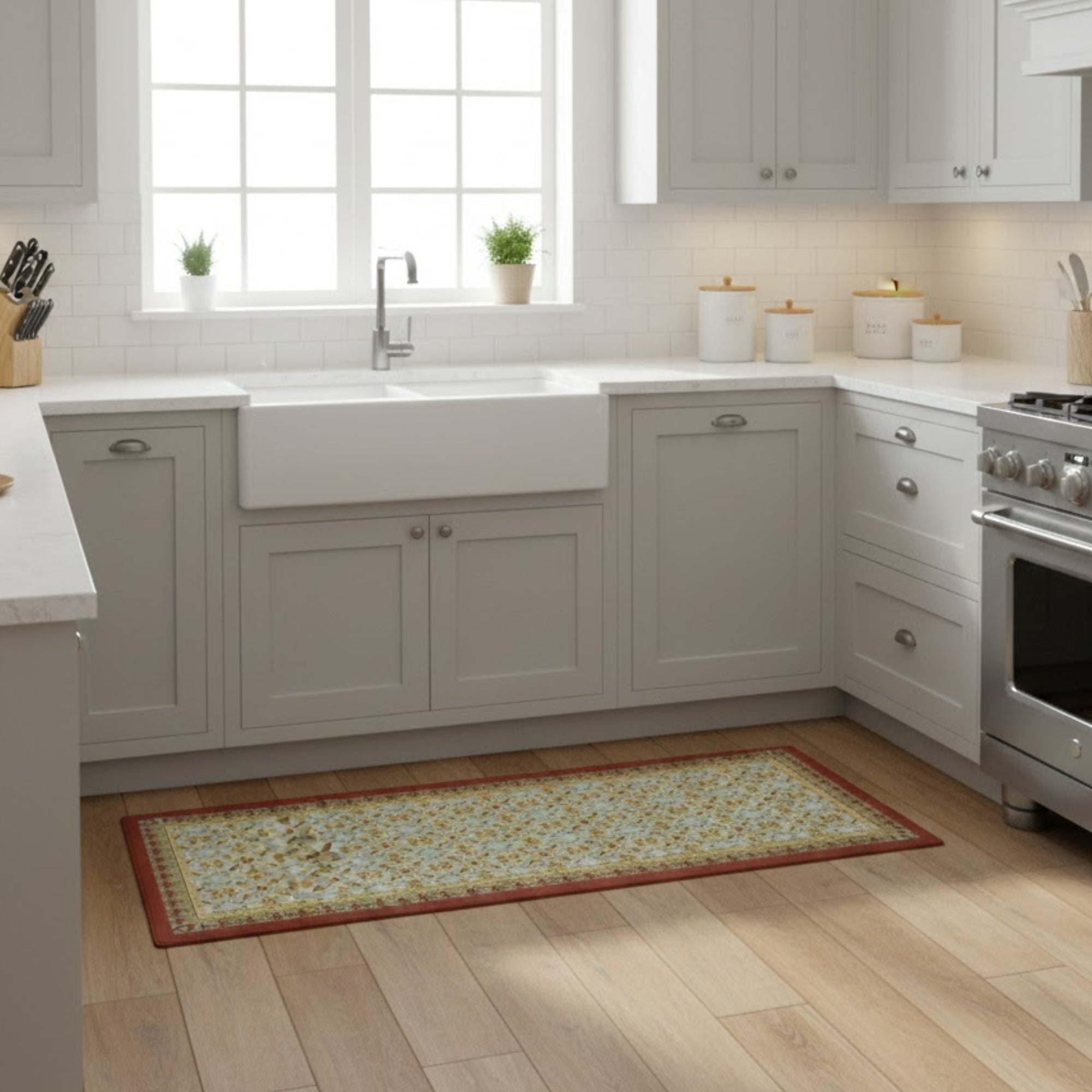 Alfombra de cocina que aporta confort, protección y estilo. Su diseño tipo mosaico y material resistente la hacen ideal para zonas de uso frecuente, brindando comodidad al estar de pie y fácil mantenimiento diario.